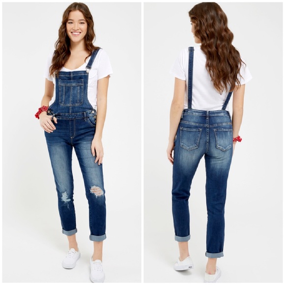 NWT KanCan Distressed Denim Overalls Size XL Dark Wash Jeans Open Back - Picture 1 of 10